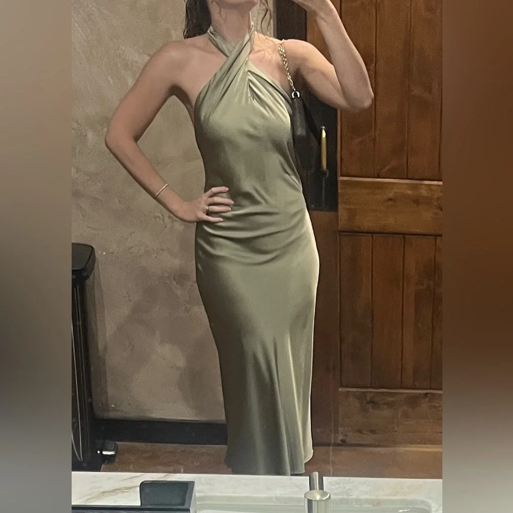 Show Me Your MuMu Jasmine Halter Midi Dress Moss Green Luxe Satin S - Picture 2 of 14